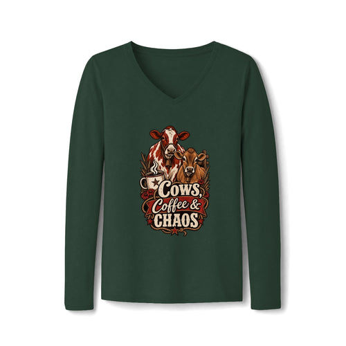 Cows Coffee & Chaos Women’s Long Sleeve V-Neck Tee